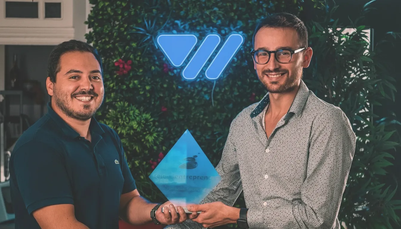 Deux hommes souriants tenant ensemble un trophée en verre en forme de losange devant un mur végétal avec un logo lumineux bleu.
