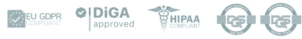 Logos auf EU GDPR, DiGA Approves, HIPAA Compliant, ISO Certificates = ISO 9001 and ISO 27001 Certified