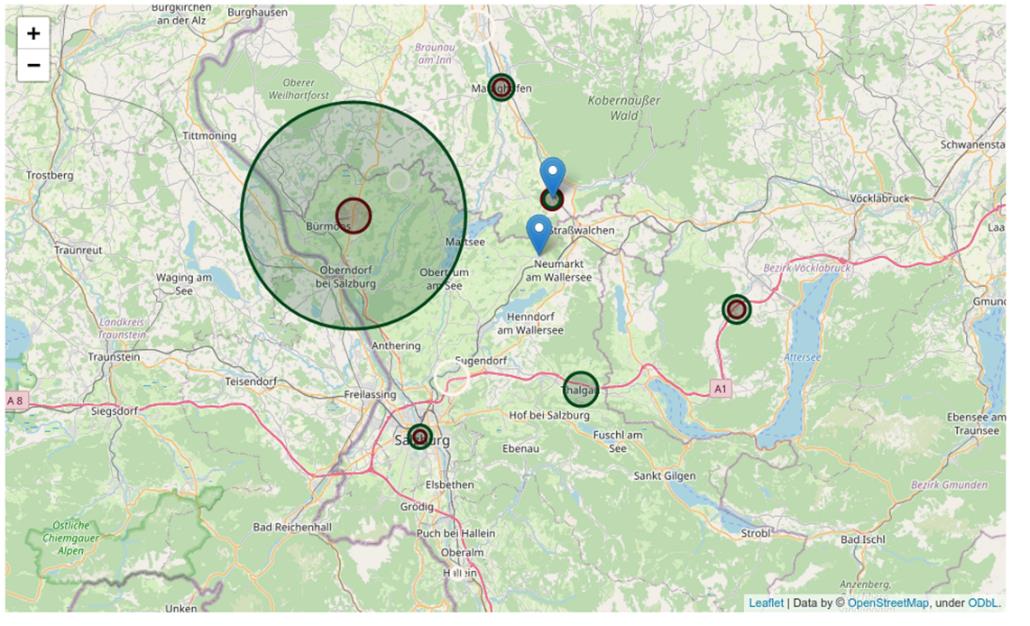 Landkarte von Salzburg und Umgebung für das Projekt B2RIDE Matching-Quote durch „Wir heben deinen Datenschatz!“ erhöht