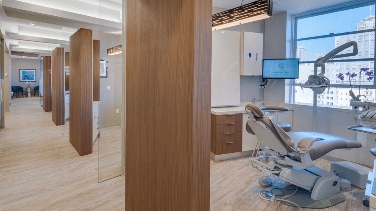 Modern cosmetic dental office with state-of-the-art dental chairs and equipment, showcasing a clean, contemporary treatment space at the best dentist in San Francisco.
