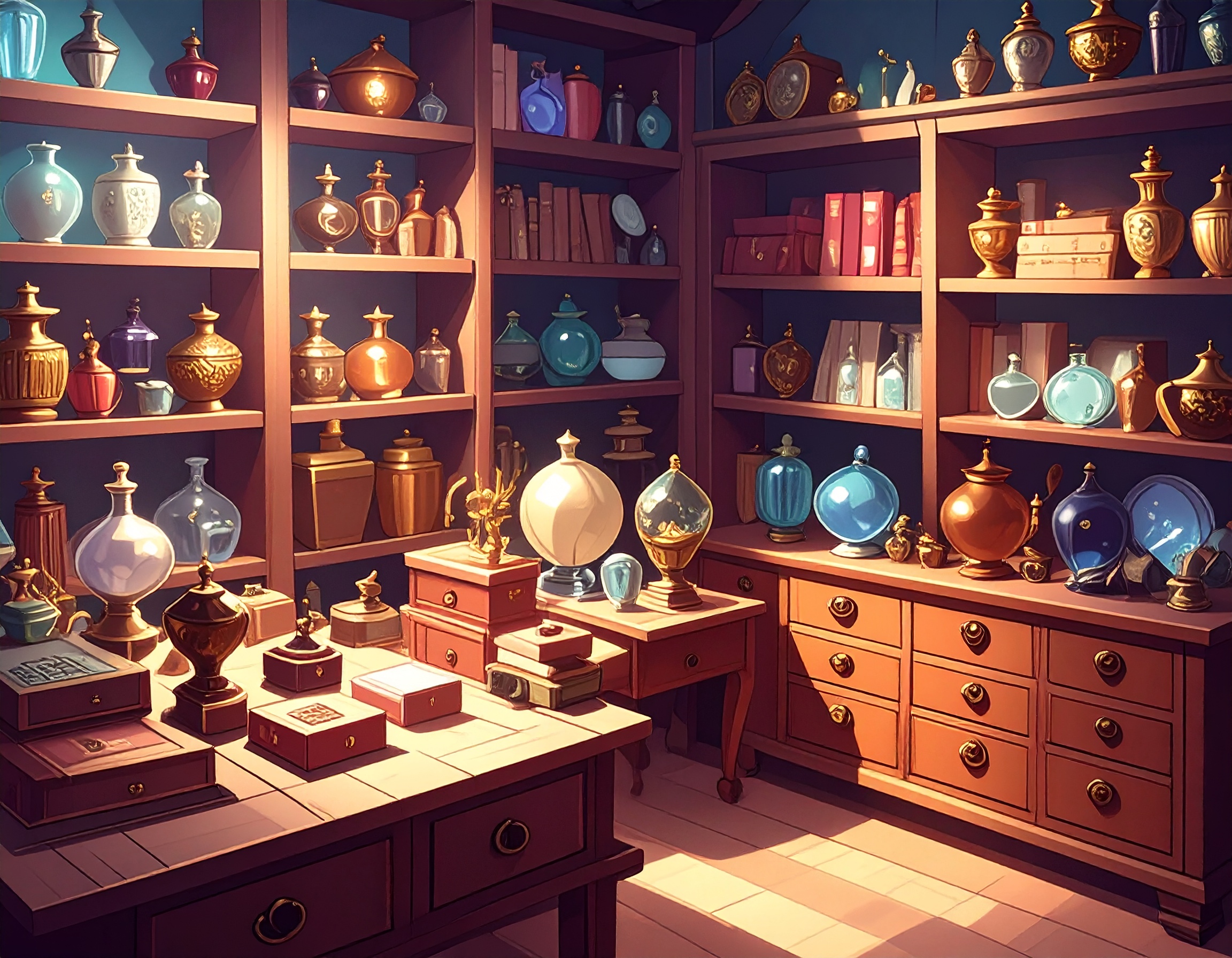 Cabinet de curiosités vintage rempli de petits objets colorés — illustration rétro idéale pour les collectionneurs passionnés d’art, d’histoire et d’objets rares.