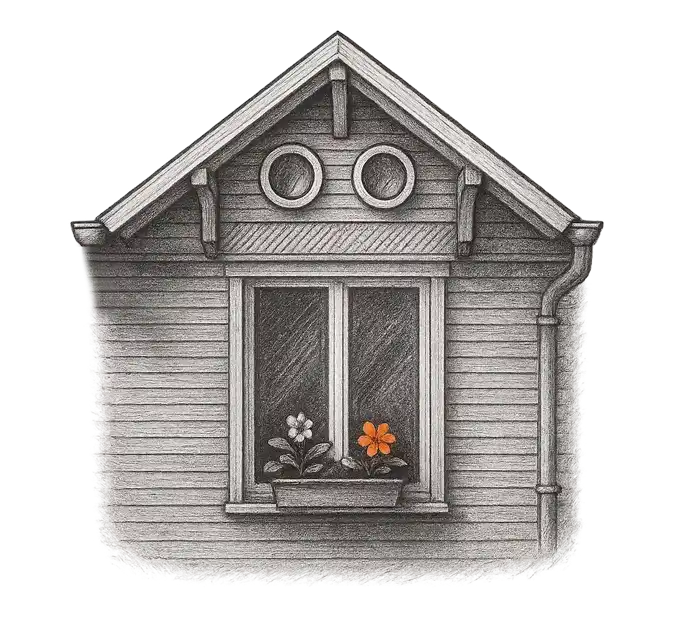 Illustration einer Holzhaus-Fassade mit begrüntem Dach – Symbol fürs ökologische Bauen bei Takatukabau.
