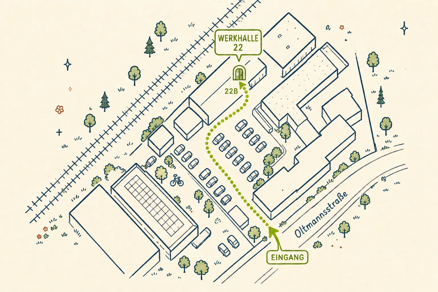 Lageplan der WERKHALLE 22 und Werkstätten in der Oltmannsstraße 22b in Freiburg