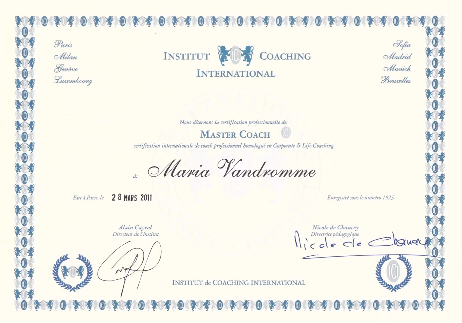 Diplôme Master Coach de l'institut de Coaching International accordé à Maria Vandromme.