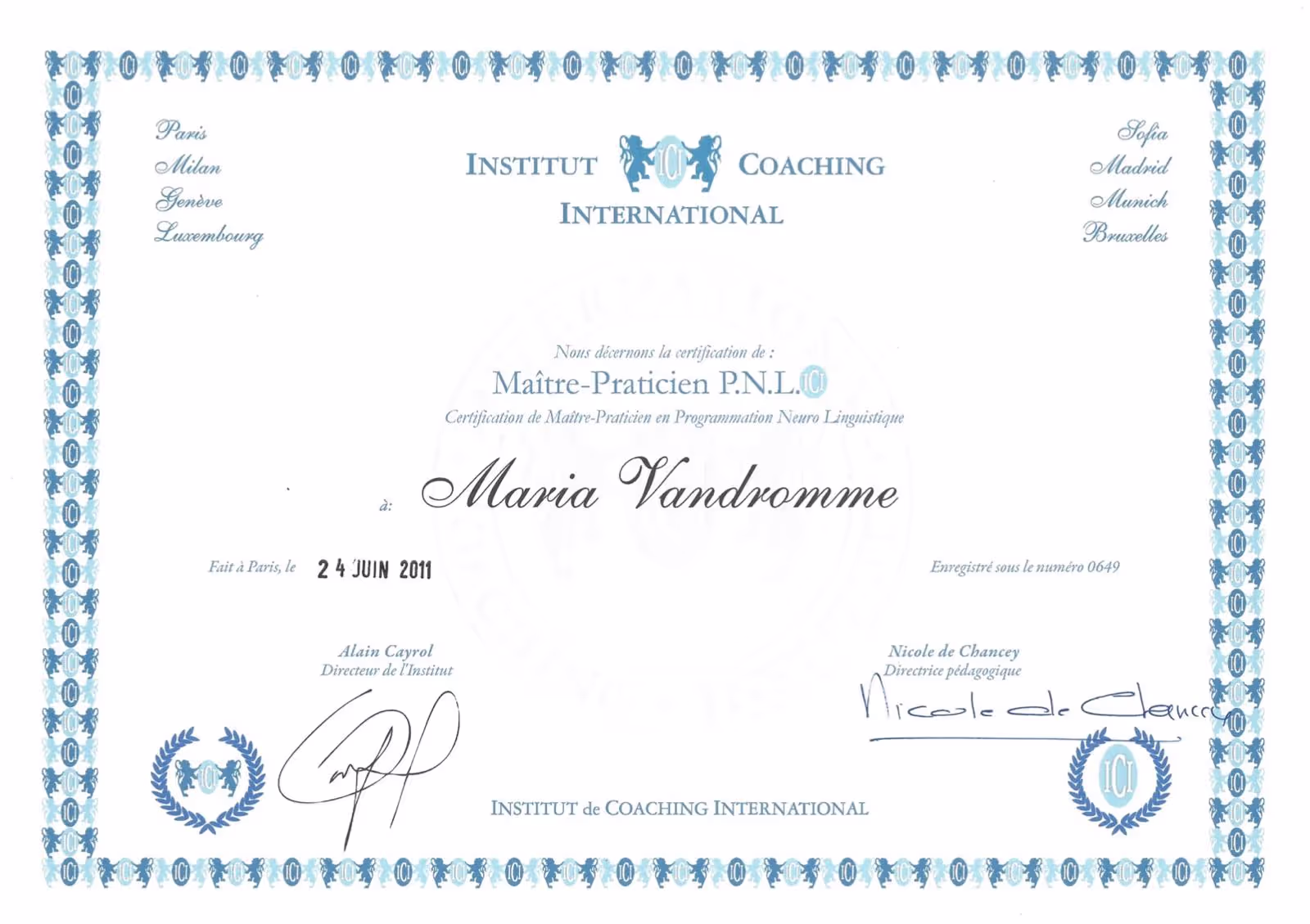 Diplôme practicien PNL de l'institut de Coaching International accordé à Maria Vandromme.