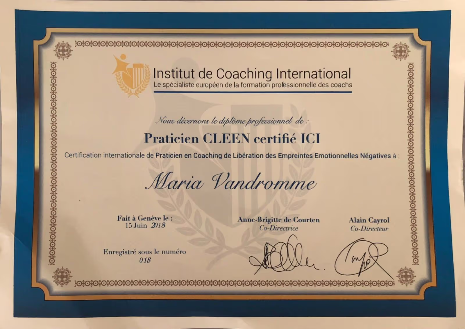 Diplôme practicien CLEEN de l'institut de Coaching International accordé à Maria Vandromme.
