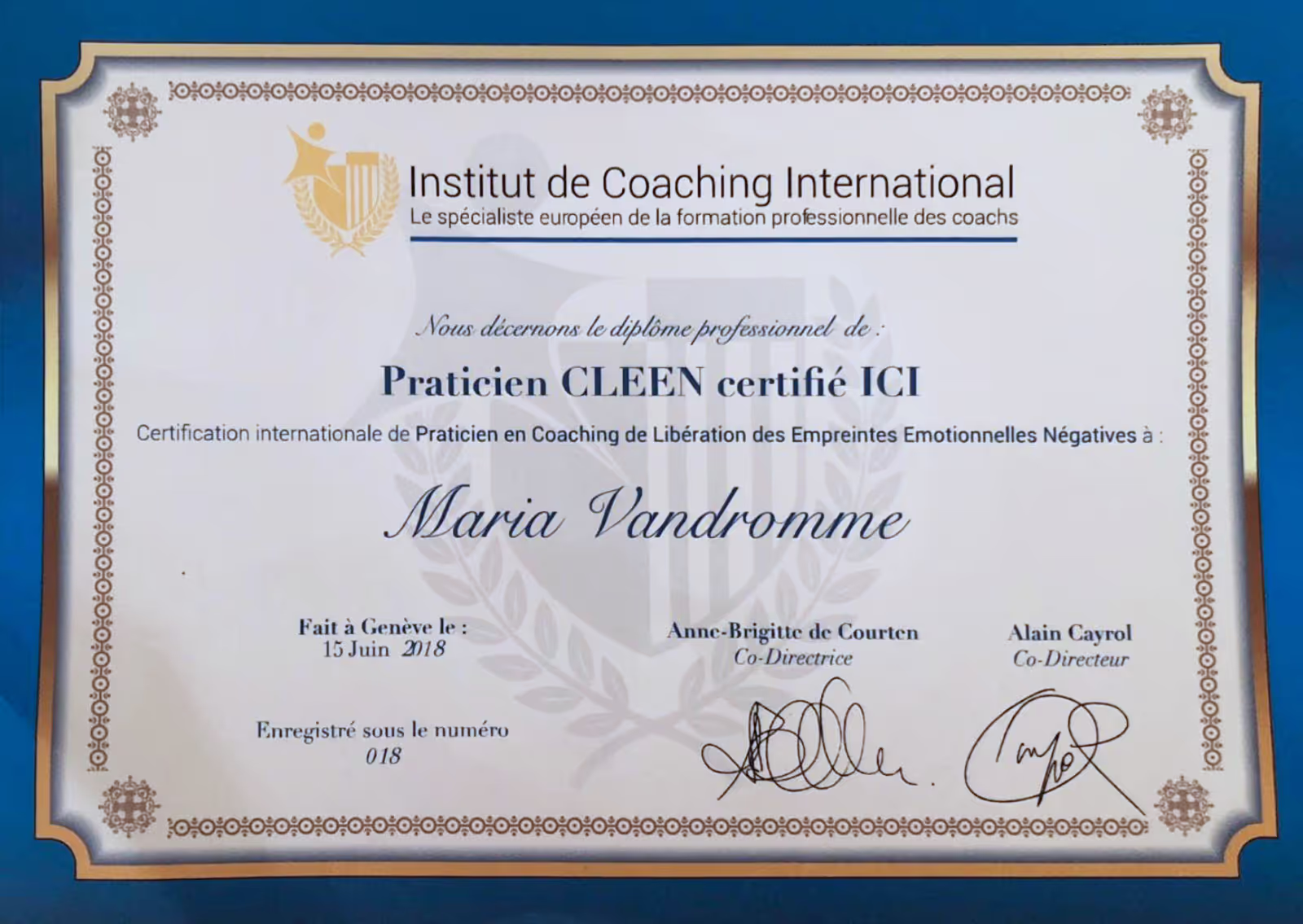 Diplôme practicien CLEEN de l'institut de Coaching International accordé à Maria Vandromme.