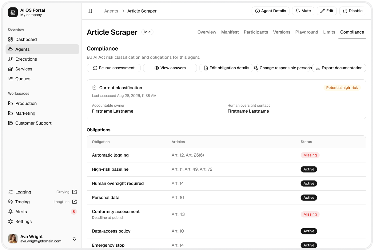 AI OS Portal: EU-AI-Act-Compliance eines Agenten mit Risikoklasse und Pflichten je Artikel