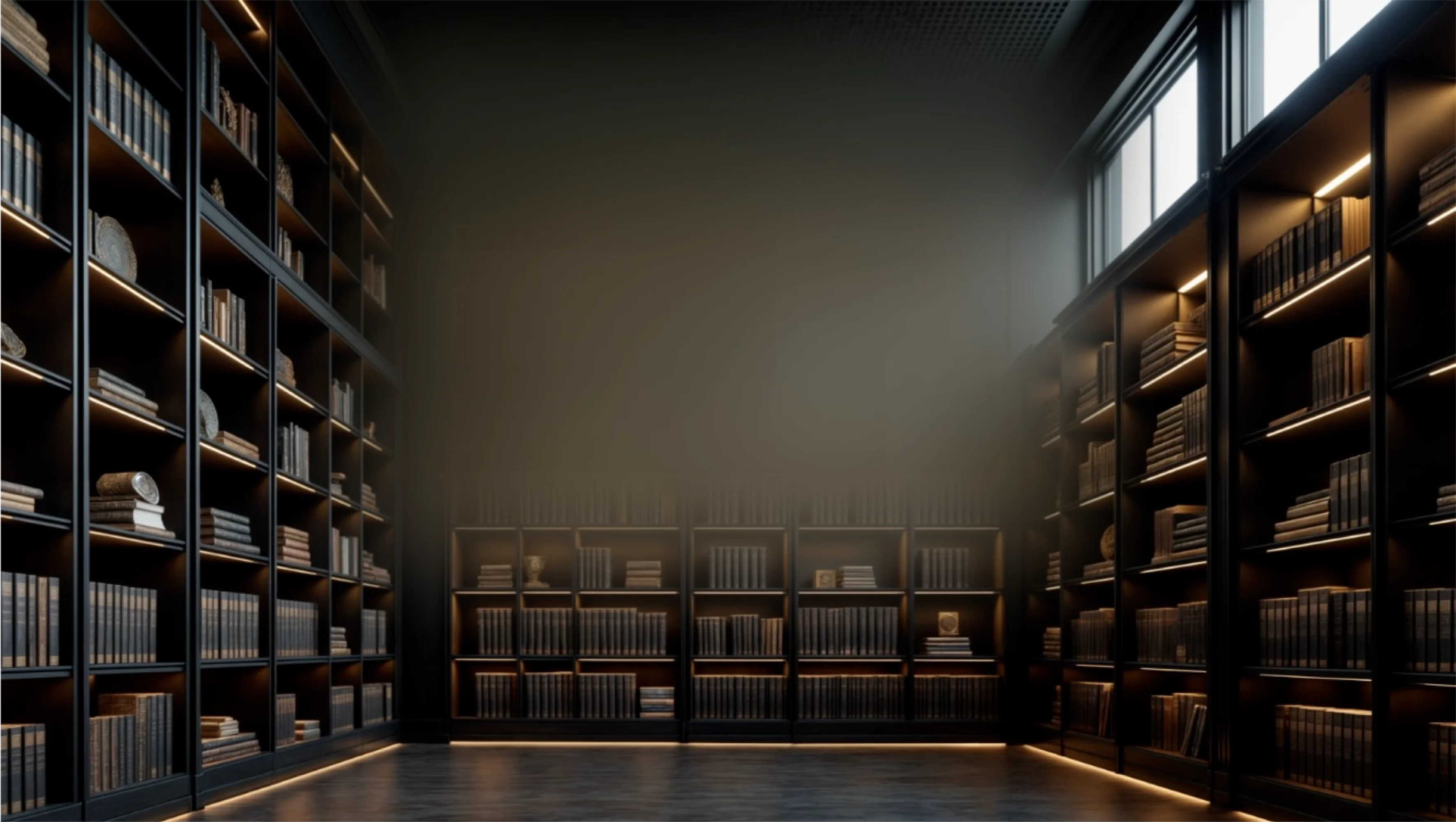 Modern dimly lit library with dark wooden shelves filled with books and decorative plates.