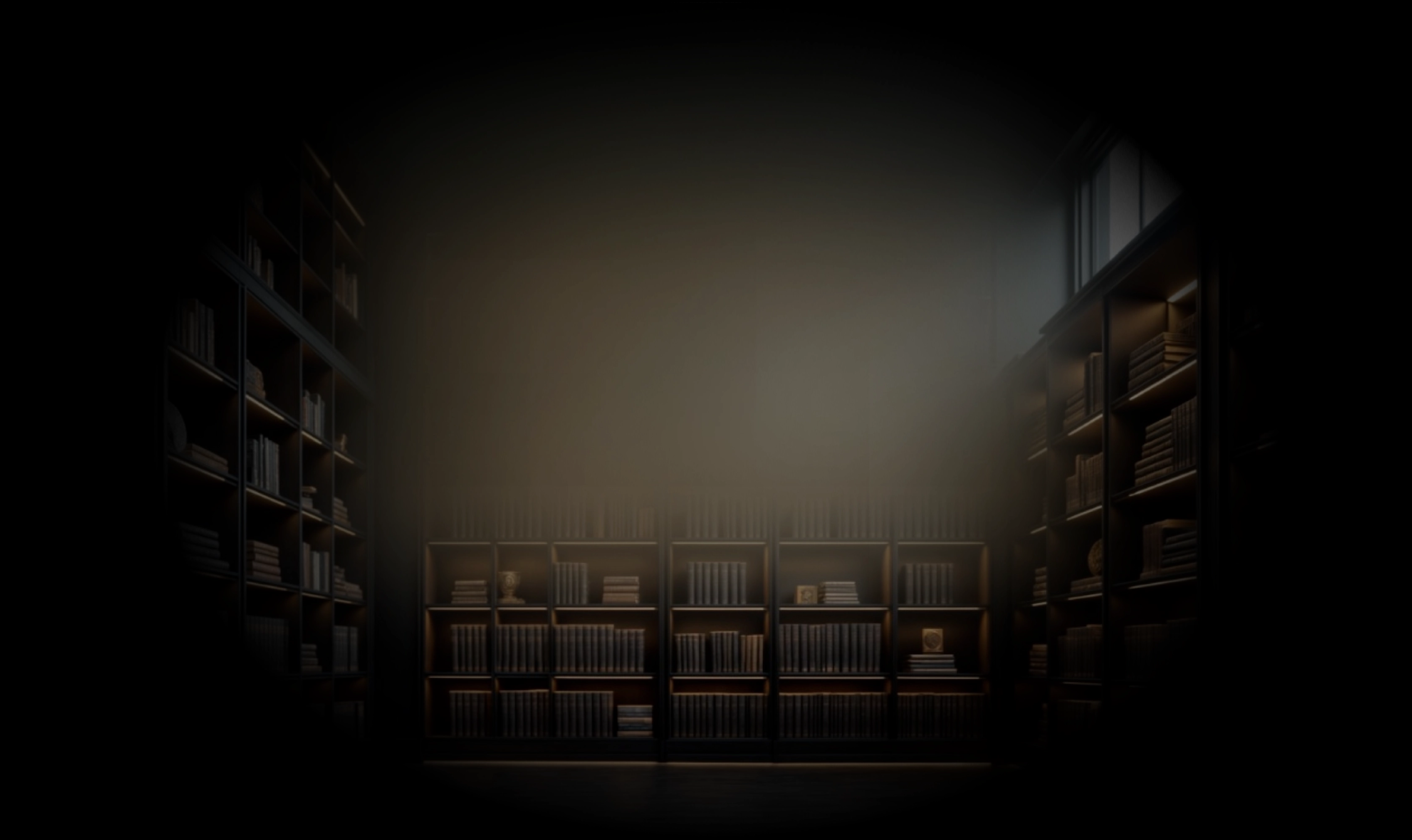 Modern dimly lit library with dark wooden shelves filled with books and decorative plates.