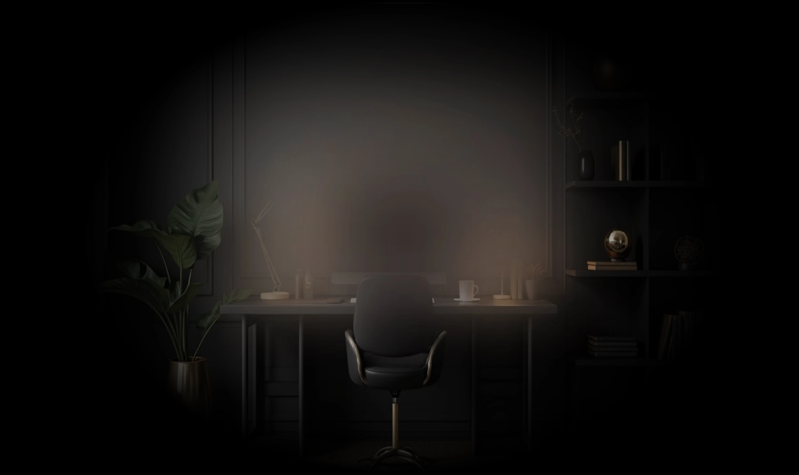 Dark-toned home office with black chair, black desk, potted plant with large leaves in golden planter, bookshelf with books and decorative objects, and large window with white curtain.