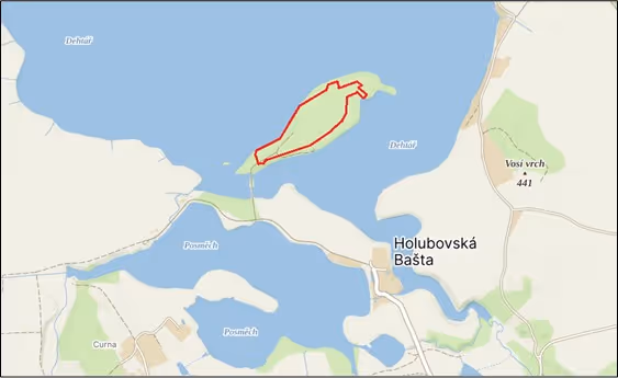 porostní lesnická mapa LHC Hluboká nad Vltavou se zákresem hranic ostrova
