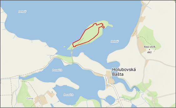 porostní lesnická mapa LHC Hluboká nad Vltavou se zákresem hranic ostrova