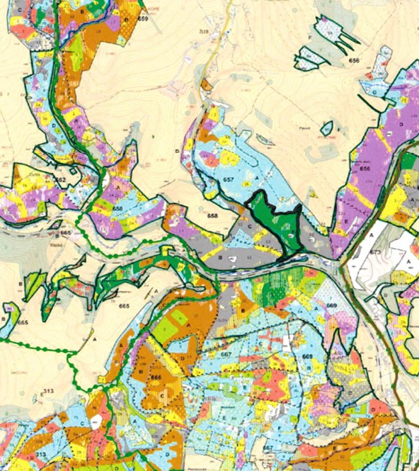 porostní lesnická mapa LHC Králíky Revír Vlaské se zákresem hranic ostrova