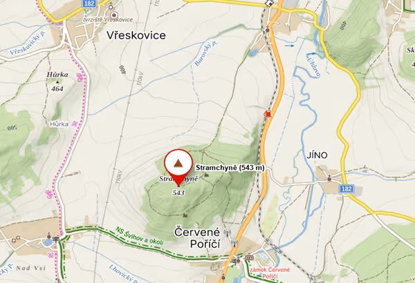 turistická mapa se zákresem bodu demonstrujícím umístění lokality na území ČR