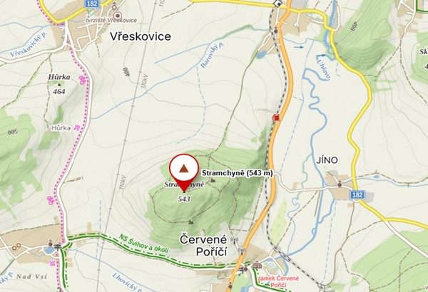turistická mapa se zákresem bodu demonstrujícím umístění lokality na území ČR 