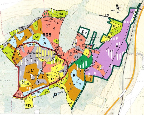 porostní lesnická mapa LHC Přeštice s červeně ohraničenou plochou ostrova obnovy přírody Stramchyně