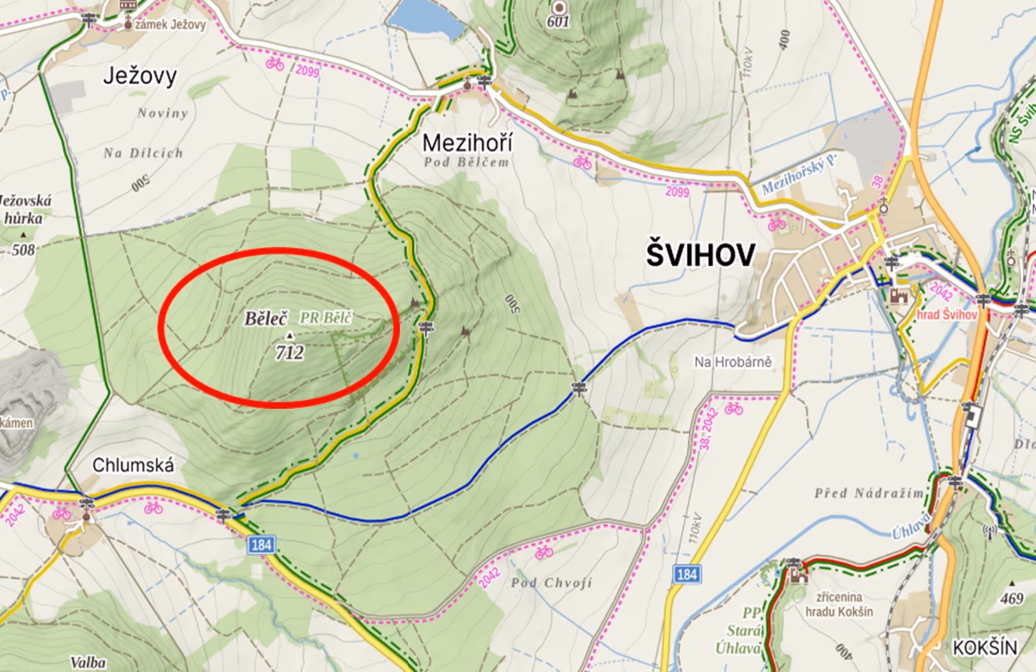 turistická mapa se zákresem bodu demonstrujícím umístění lokality v rámci ČR