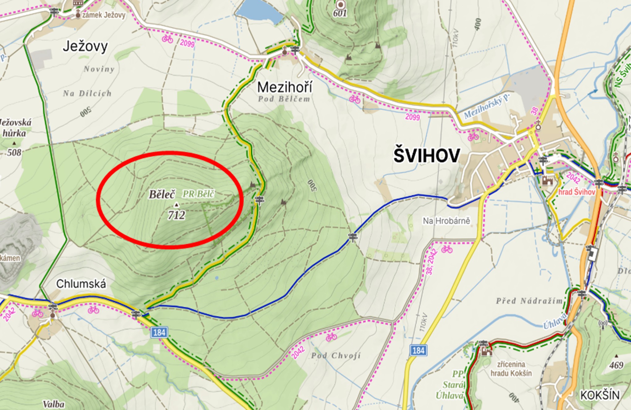 turistická mapa se zákresem bodu demonstrujícím umístění lokality v rámci ČR 