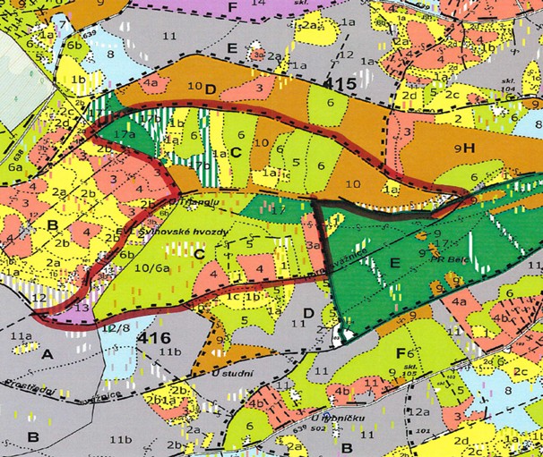 porostní lesnická mapa LHC Přeštice s červeně ohraničenou plochou ostrova obnovy přírody Běleč
