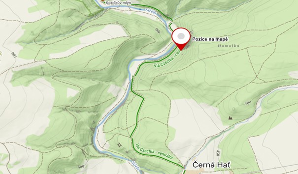 turistická mapa se zákresem bodu demonstrujícím umístění lokality v rámci ČR 