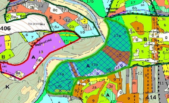 porostní lesnická mapa LHC Plasy s vyšrafovanou plochou ostrova obnovy přírody