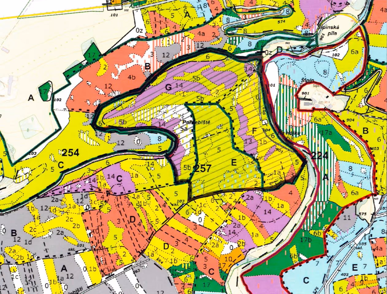 porostní lesnická mapa LHC Stříbro s ohraničeným zákresem hranic ostrova