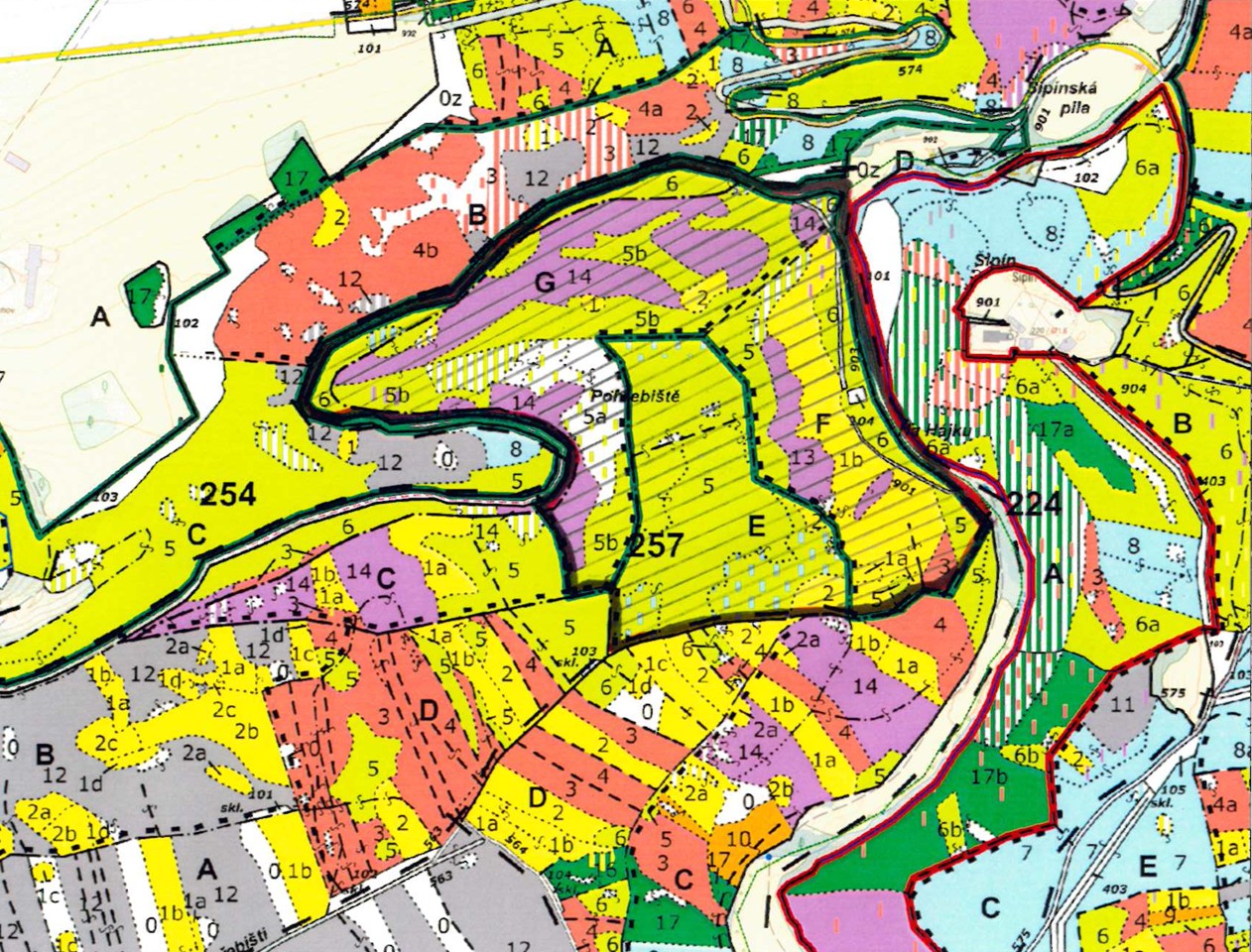 porostní lesnická mapa LHC Stříbro s ohraničeným zákresem hranic ostrova