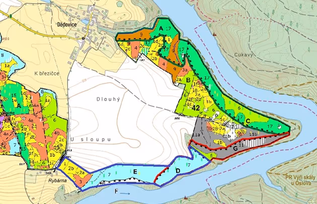 porostní lesnická mapa LHC Čížová se zákresem hranic ostrova