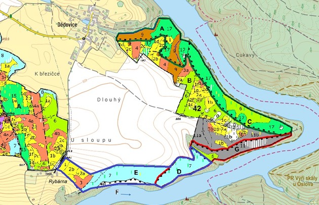 porostní lesnická mapa LHC Čížová se zákresem hranic ostrova