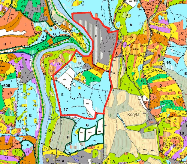 porostní lesnická mapa LHC Vyšší Brod revír Rožmberk se zákresem hranic ostrova