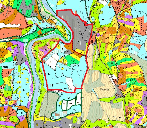 porostní lesnická mapa LHC Vyšší Brod revír Rožmberk se zákresem hranic ostrova