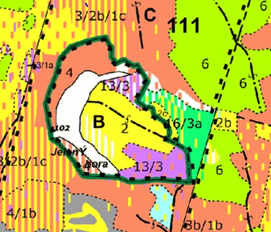 porostní lesnická mapa LHC Klášterec se zákresem hranic ostrova