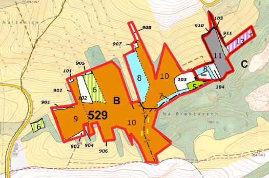 porostní lesnická mapa LHC Český kras se zákresem hranic OOP Lom Branžovy