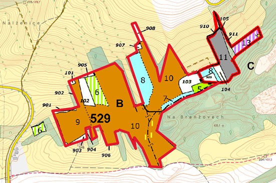 porostní lesnická mapa LHC Český kras se zákresem hranic OOP Lom Branžovy