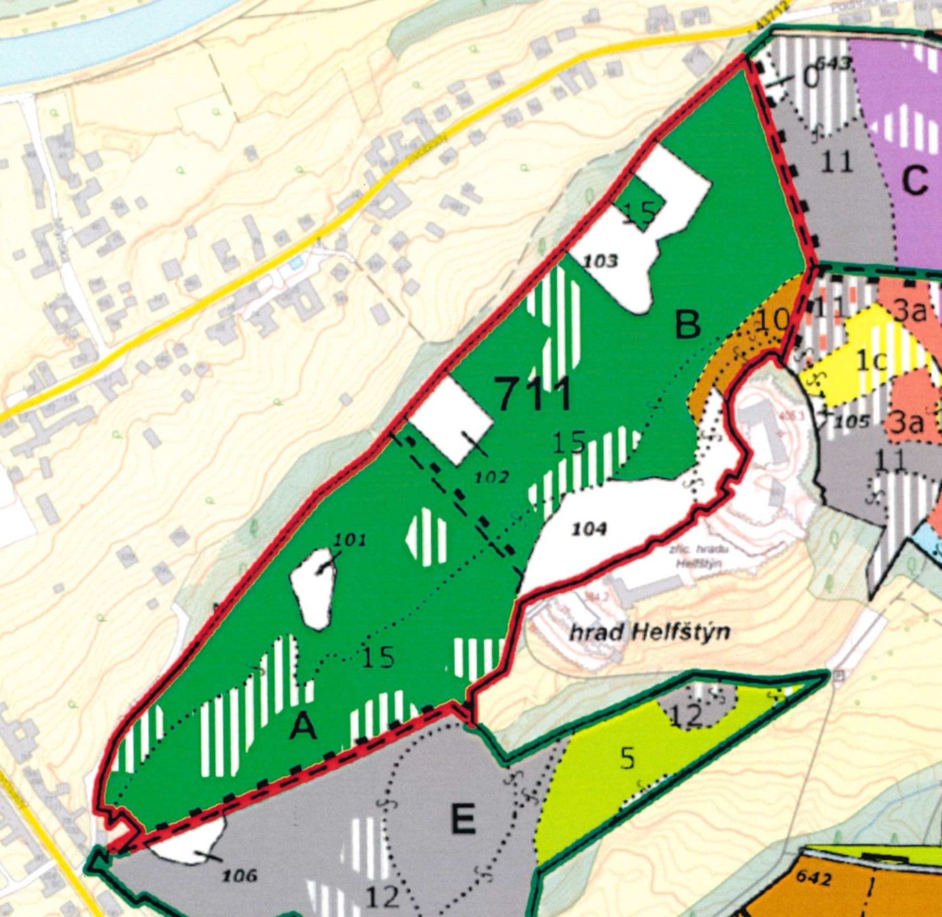 porostní lesnická mapa LHC Rožnov se zákresem hranic ostrova přírody