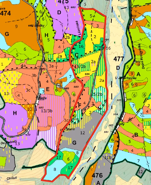 porostní lesnická mapa LHC Prachatice se zákresem hranic ostrova