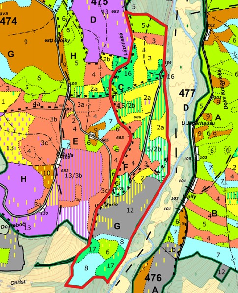 porostní lesnická mapa LHC Prachatice se zákresem hranic ostrova