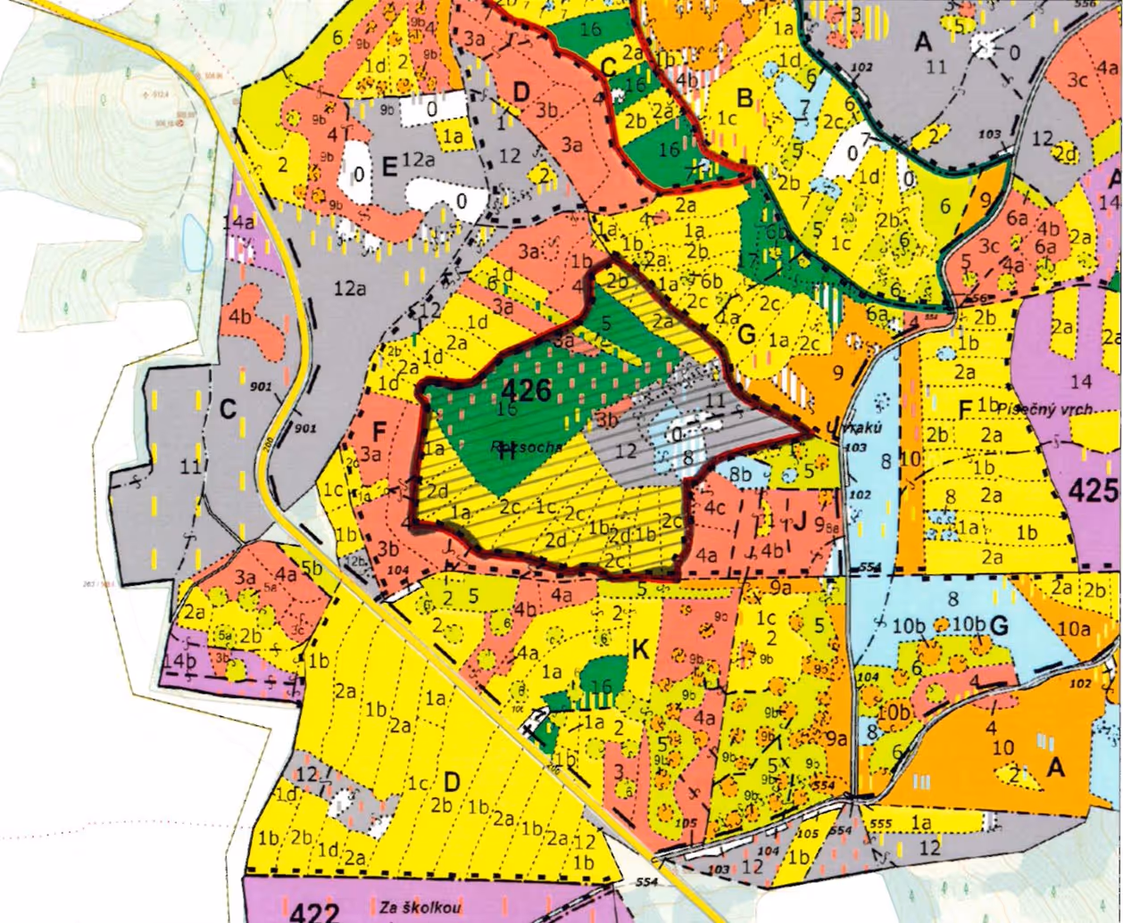 porostní lesnická mapa LHC Stříbro s vyšrafovanou plochou ostrova obnovy přírody
