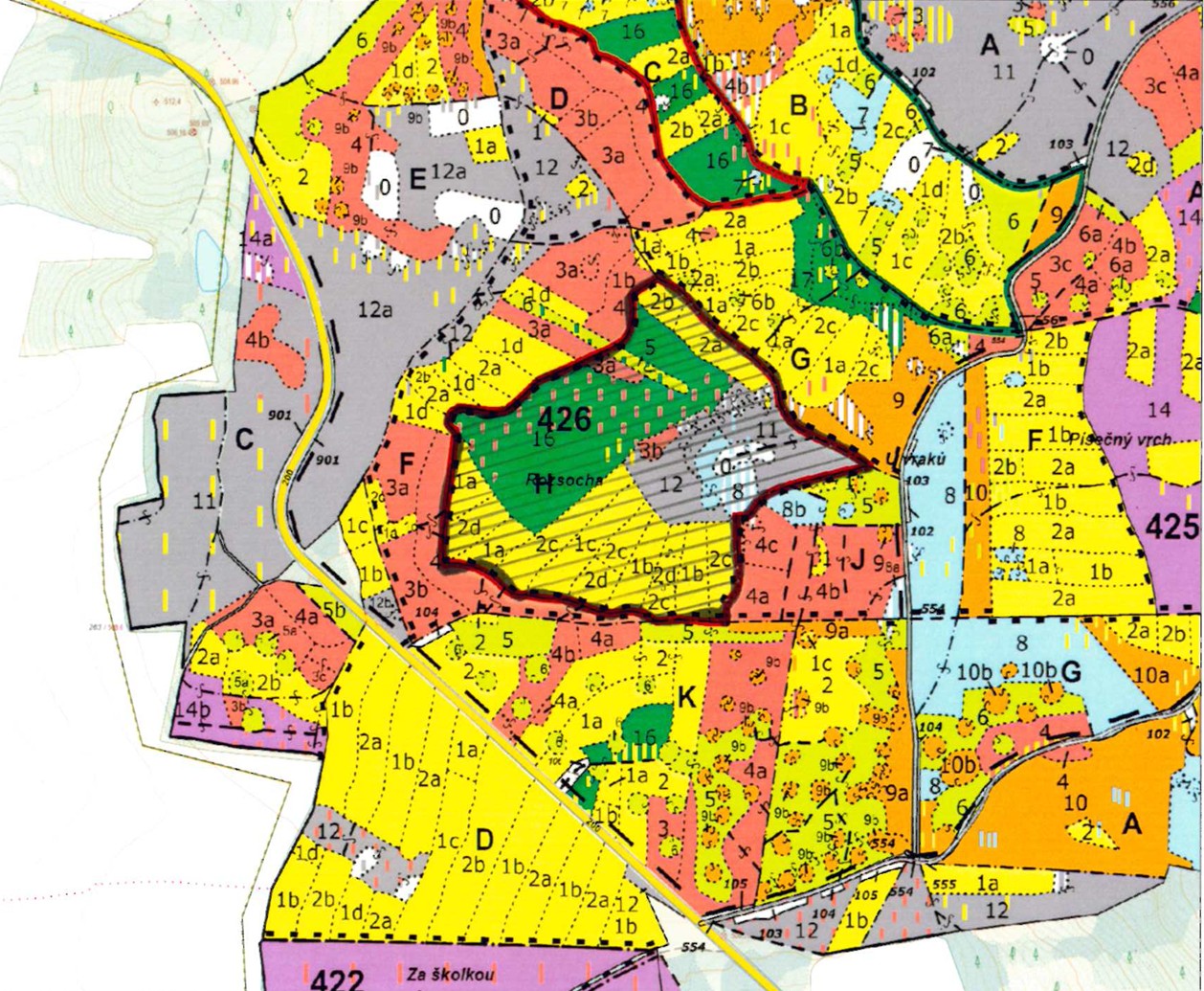 porostní lesnická mapa LHC Stříbro s vyšrafovanou plochou ostrova obnovy přírody