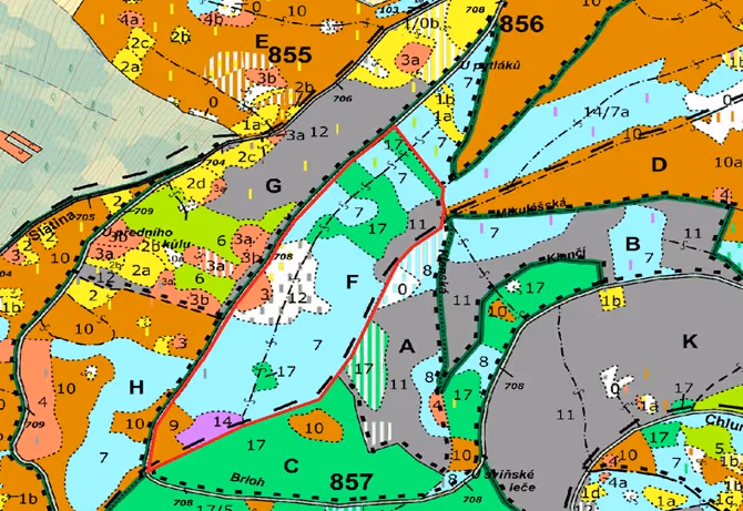 porostní lesnická mapa LHC Klatovy s červeně ohraničeným zákresem hranic ostrova Bělýšov – U Pytláka
