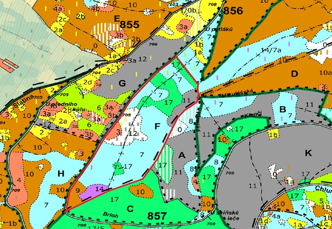 porostní lesnická mapa LHC Klatovy s červeně ohraničeným zákresem hranic ostrova Bělýšov – U Pytláka