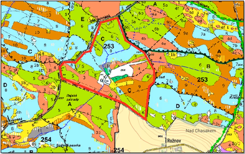 porostní lesnická mapa LHC Český Rudolec se zákresem hranic ostrova.