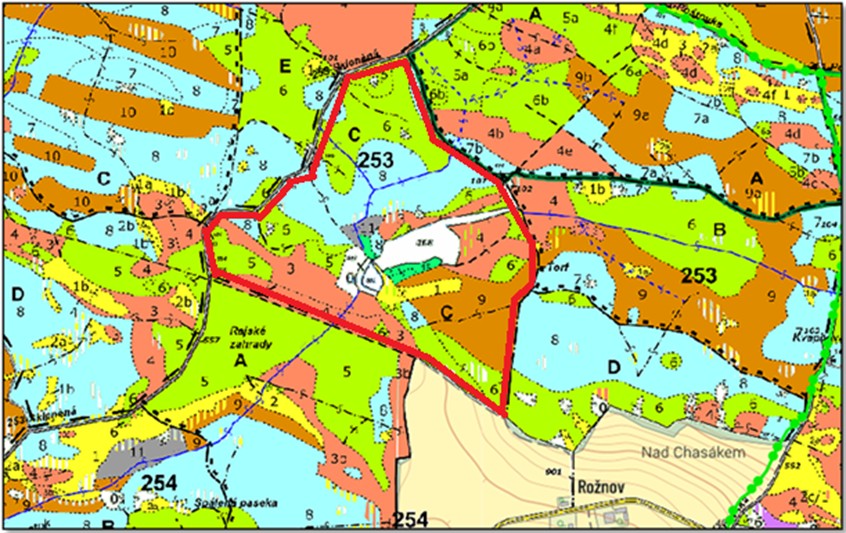 porostní lesnická mapa LHC Český Rudolec se zákresem hranic ostrova.