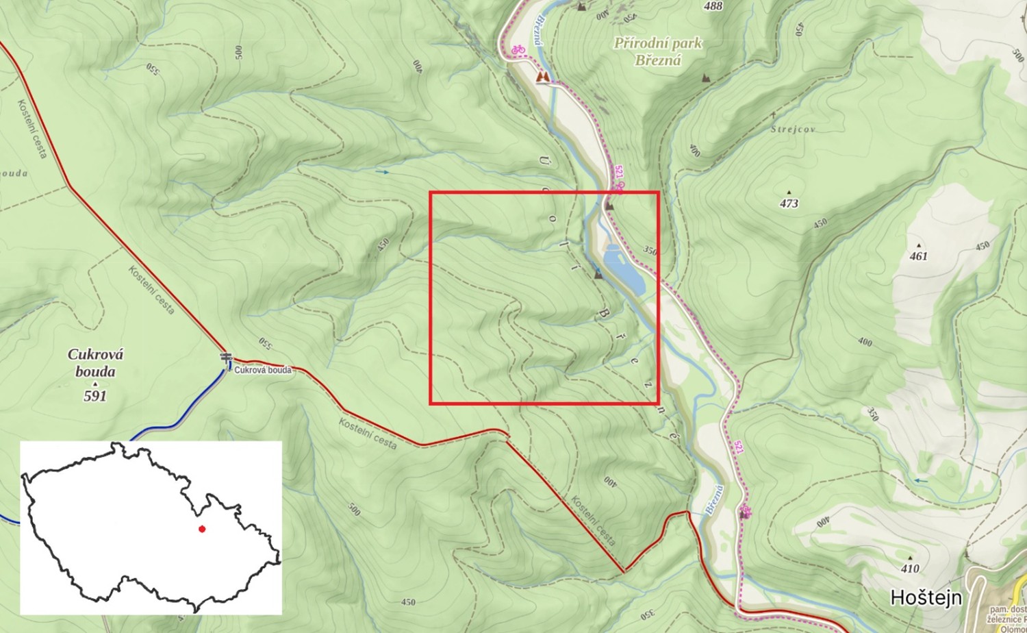 porostní lesnická mapa LHC Zábřeh se zákresem hranic ostrova