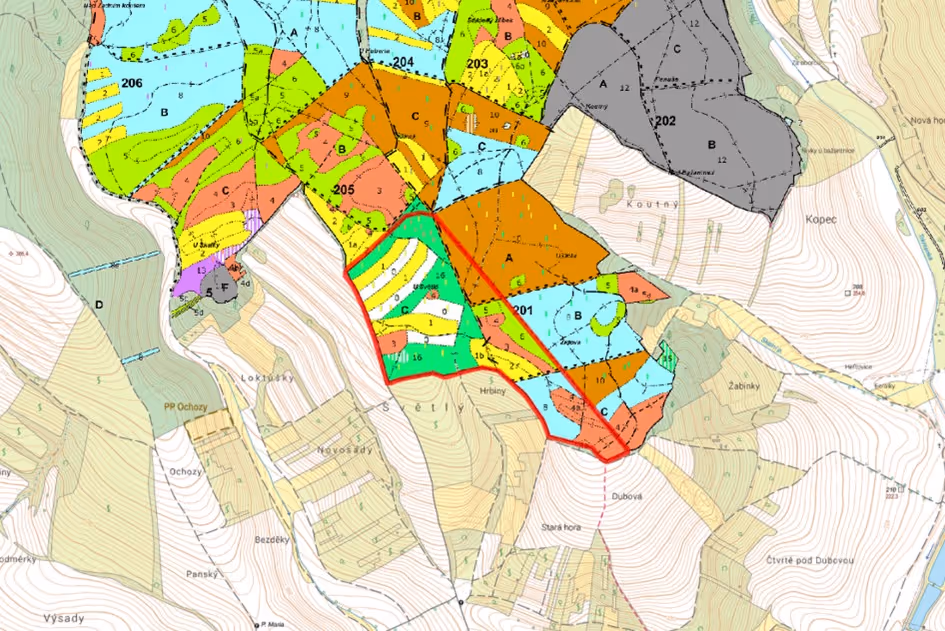 porostní lesnická mapa se zákresem hranic ostrova