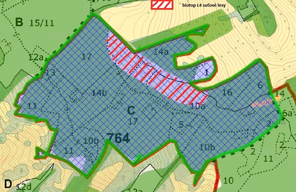 mapa se zákresem přírodního biotopu L4 – suťové lesy