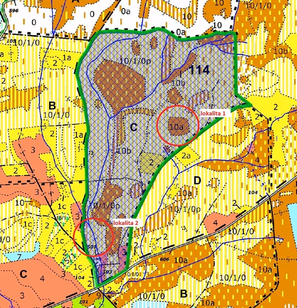 porostní mapa se zákresem hranic ostrova (LHP pro LHC Cvikov 2024 – 2033) lokalita 1 – podmáčené stanoviště s plánovaným zbudováním 3 tůní; lokalita 2 – místo s reliktem hráze, kde byly v minulosti přehrazením vodního toku vytvořeny 2 vodní nádrže