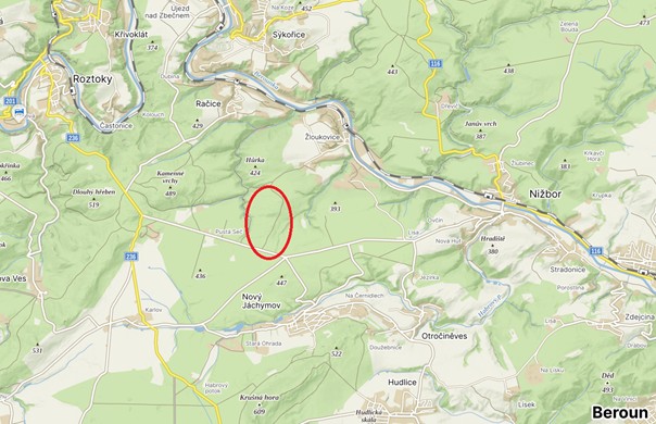 porostní lesnická mapa LHC Křivoklát se zákresem hranic ostrova