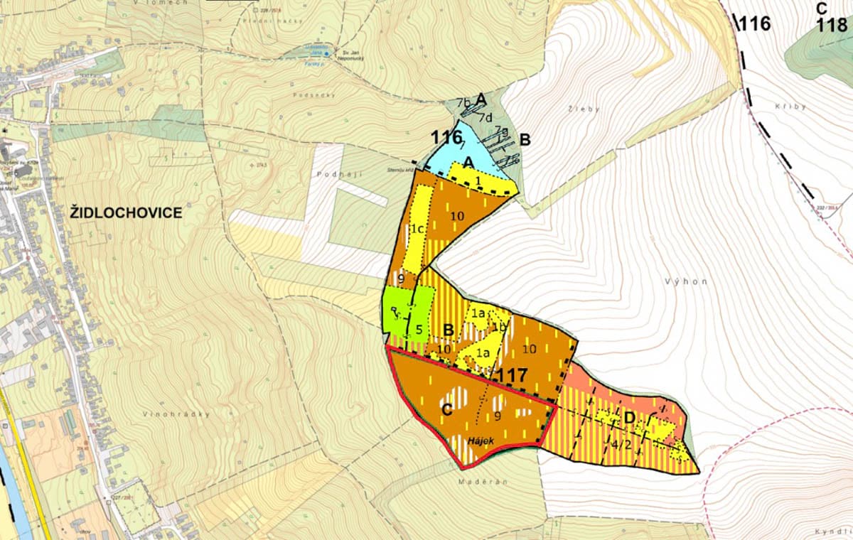 porostní lesnická mapa LHC Židlochovice se zákresem hranic ostrova